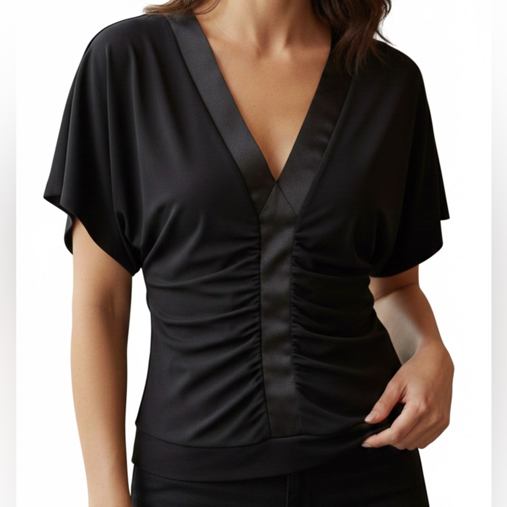 Reiss Luxury Sz M Black Blouse Ruched With Satin Trim Revolve
